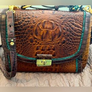 Brahmin Phoebe Toasted Almond with Teal Trim Crocodile Embossed Leather Handbag